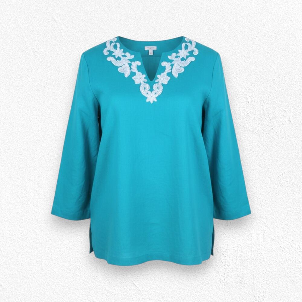 Talbots Teal Green Beaded Embroidered V Neck 3/4 Sleeve Linen Blouse Size Large